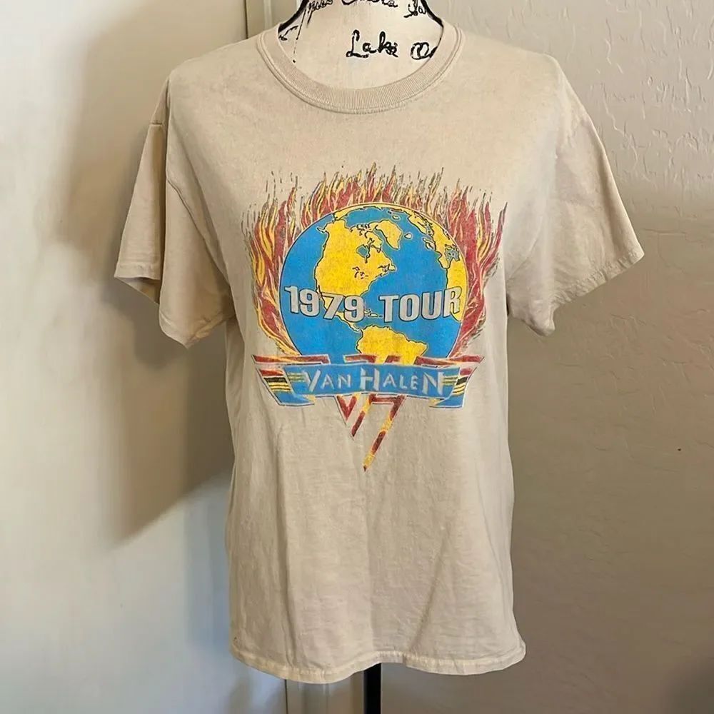 Van Halen Band Musician Tan 1979 Tour Fire Flame Graphic Shirt